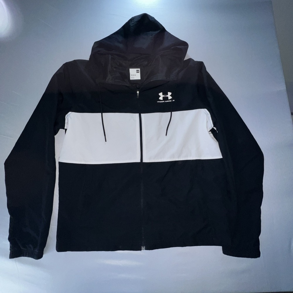 Under Armour Hooded Windbreaker Jacket Mens L Black White Zip Up